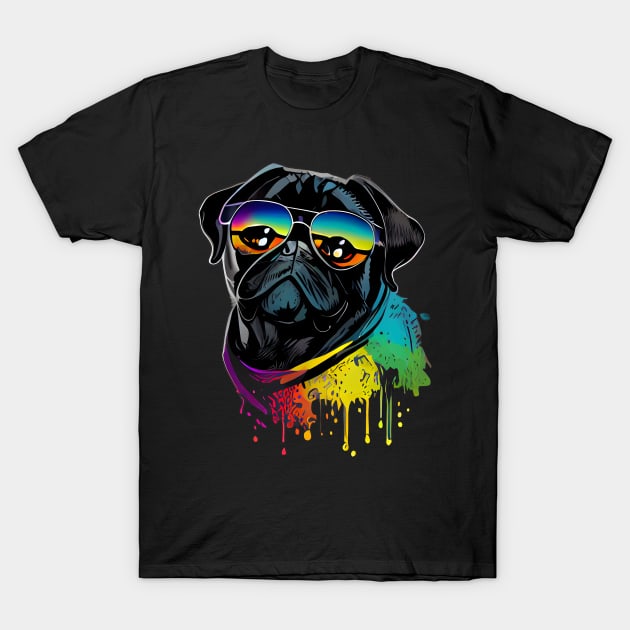 Colourful cool black pug with sunglasses one T-Shirt by MLArtifex